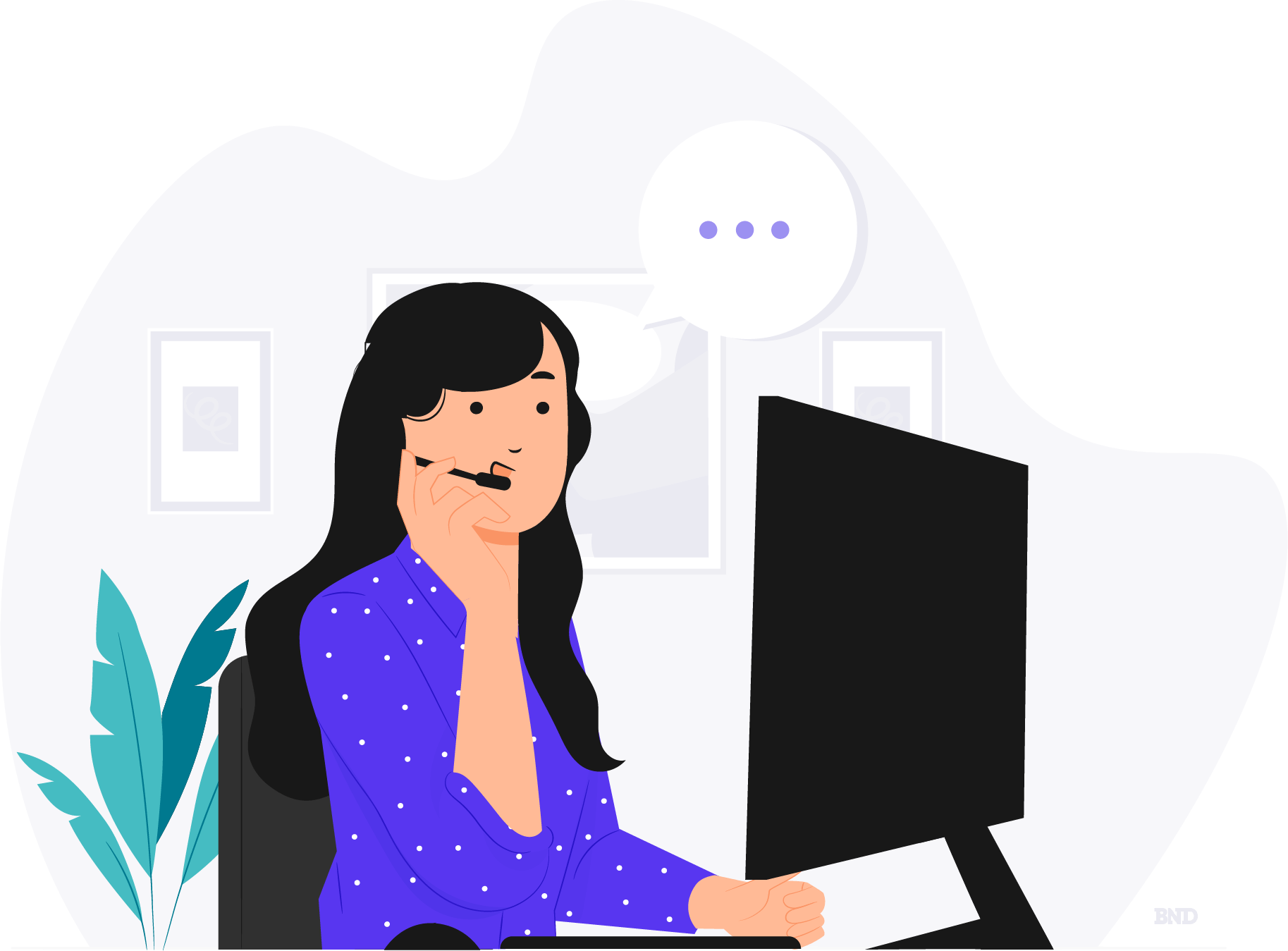 graficul unei femei de afaceri care poarta o casca si se uita la un monitor de computer
